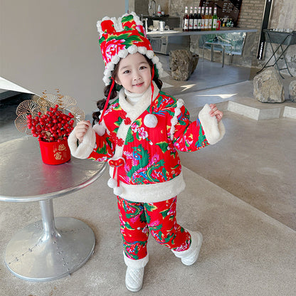 Northeast Floral Girls Padded Jacket Winter Rabbit Ear Four-Piece