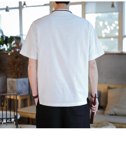 Chinese Style Mens Cotton Linen Tang Suit Short Sleeve Casual T Shirt