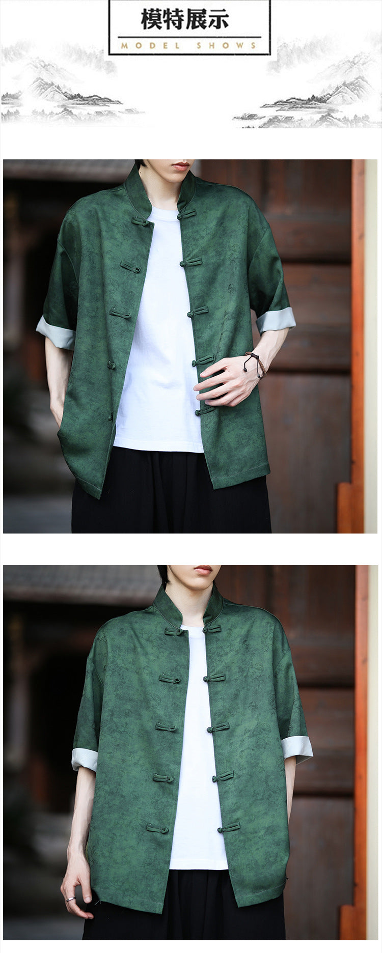 Summer Chinese Tang Suit Shirt Mens Stand Collar Short Sleeve Hanfu