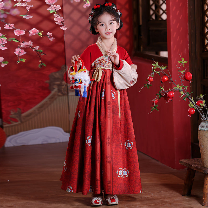 Children’s Winter Hanfu Dress | Elegant Thickened Tang Suit Cheongsam for New Year