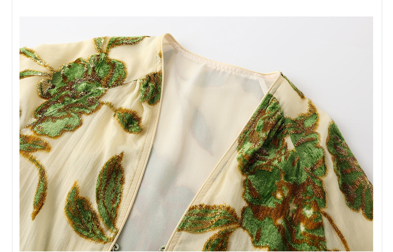 Velvet Burnout Jacket & Printed Cardigan Dress Set for Autumn