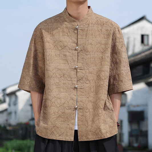 Chinese Style Mens Metal Button Jacquard Tang Shirt Summer Hanfu Top