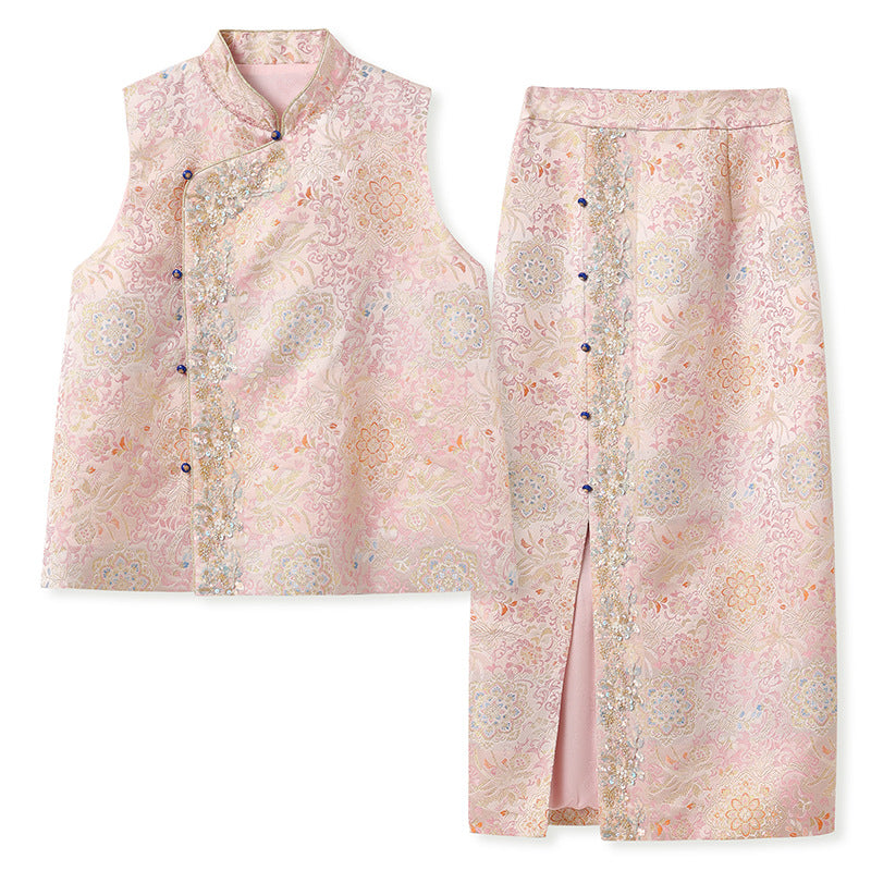 Elegant Beaded Asymmetrical Vest & High Waist Skirt Set