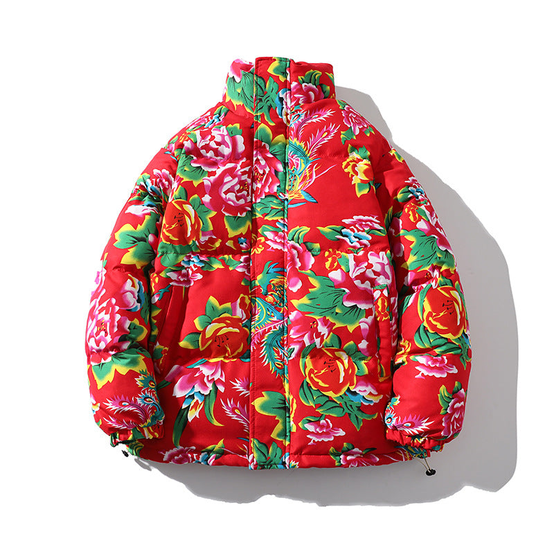 Festive Northeast Large Floral Cotton Jacket Loose Winter Coat