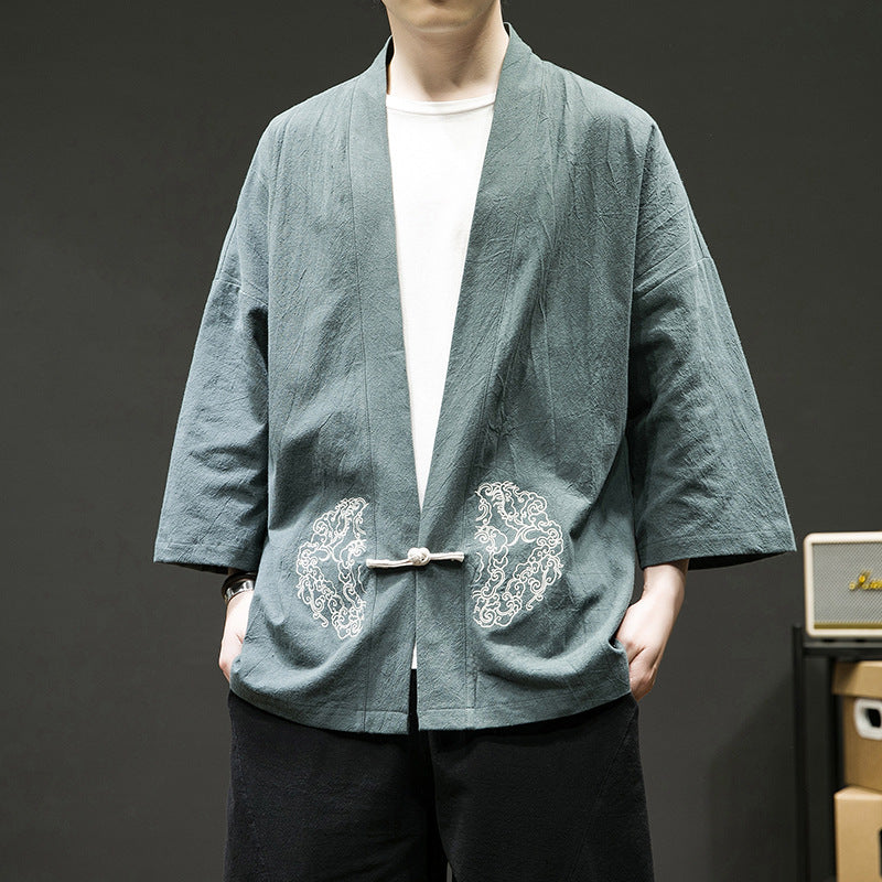 Mens Chinese Style Layman Hanfu Jacket Summer Zen Tea Robe Retro Top