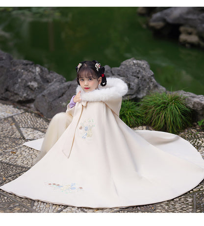 Girls' Winter Hanfu Cloak with Fur Collar Hooded Fairy Cape