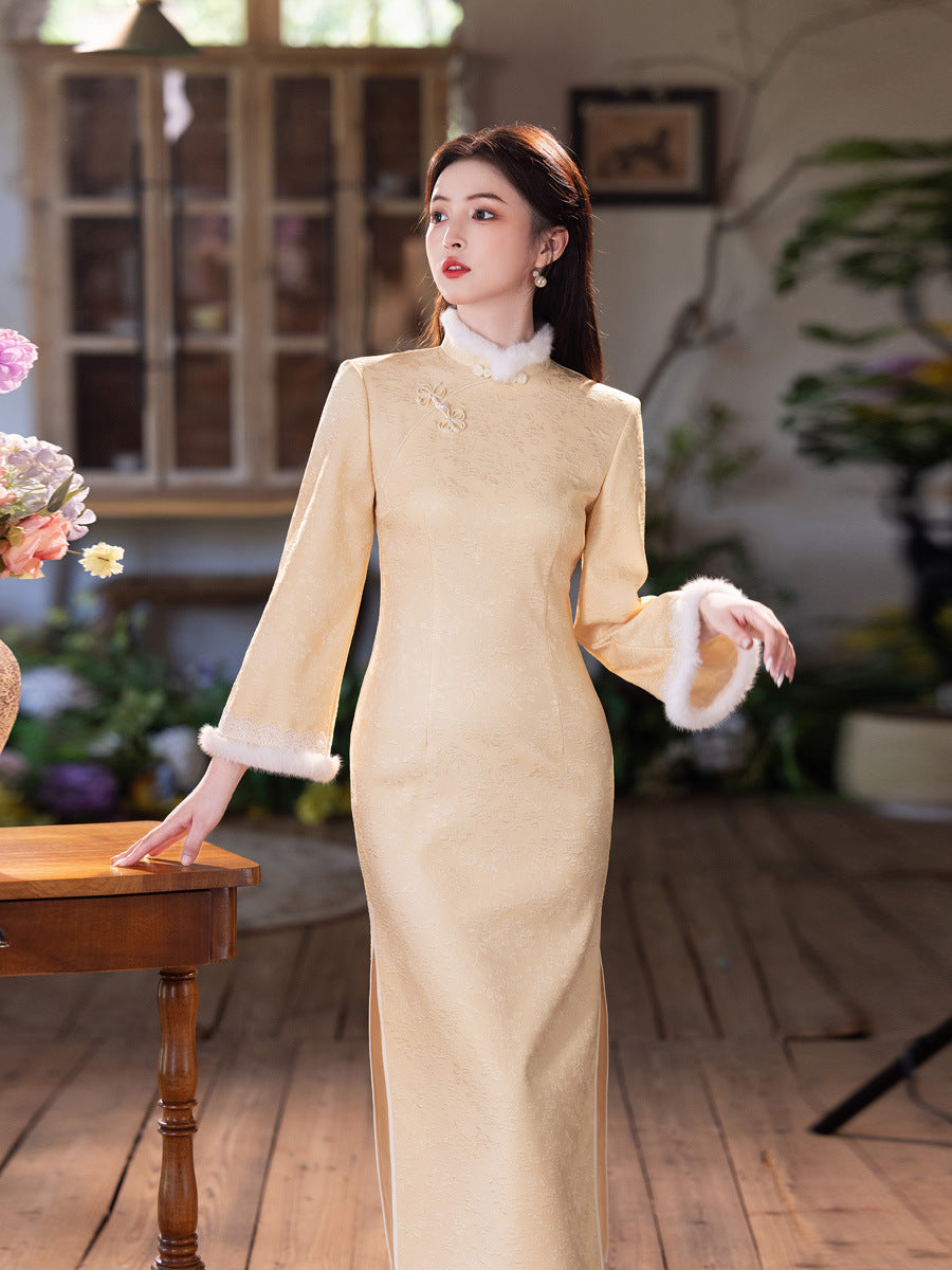 Yellow Fleece-Lined Winter Qipao | Thickened Long-Sleeve Retro Dress 2025