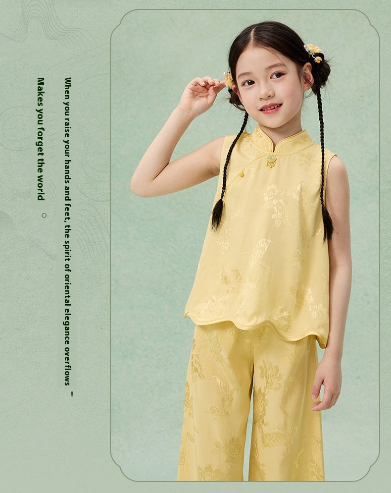 National Style Hanfu-Inspired Summer Set — Top & Pants for Children