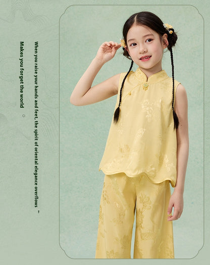 National Style Hanfu-Inspired Summer Set — Top & Pants for Children