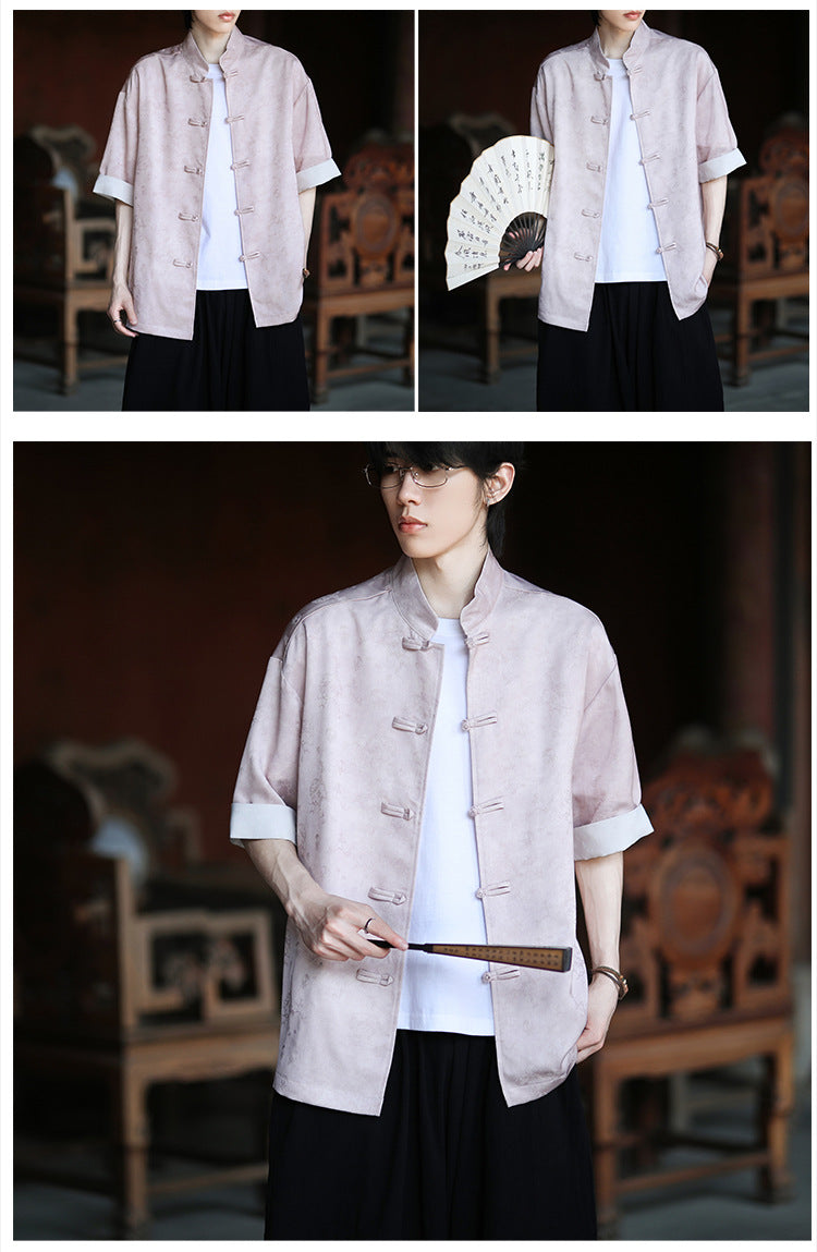 Summer Chinese Tang Suit Shirt Mens Stand Collar Short Sleeve Hanfu