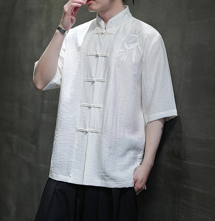 Mens Summer Chinese Embroidered Tang Shirt Hanfu Jushi Suit