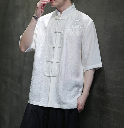 Mens Summer Chinese Embroidered Tang Shirt Hanfu Jushi Suit