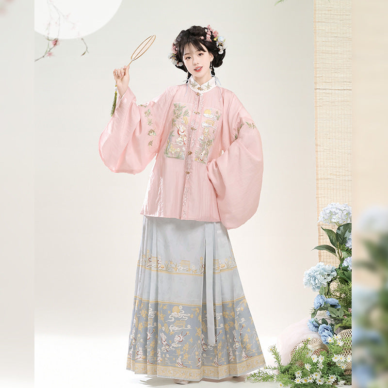 Trees of Sea Ming Hanfu Set Adult Stand Collar Embroidered Pipa Sleeve Horse Face Skirt
