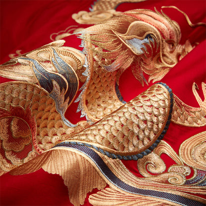 Luxury Red Cotton Wedding Bedding 4-Piece Embroidered Set