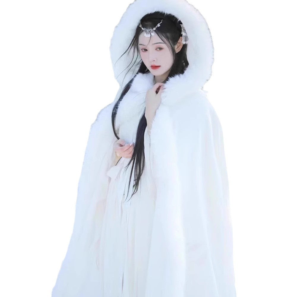 Winter Hanfu Cloak for Women – Thick Fleece Fur Collar Warm Cape