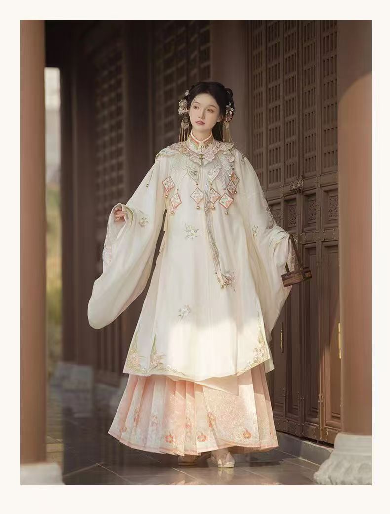 Women Ming Dynasty Hanfu Set Heavy Embroidery Cloud Shoulder Stand Collar Horse Face Skirt