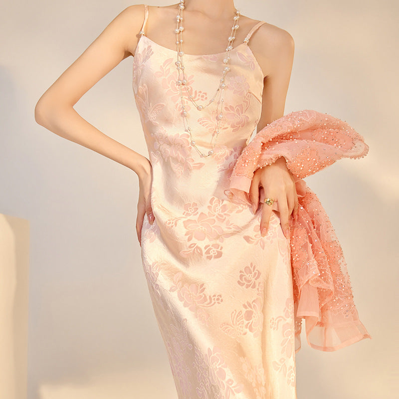 Elegant National Style Rayon Jacquard Embroidered Long Camisole Dress