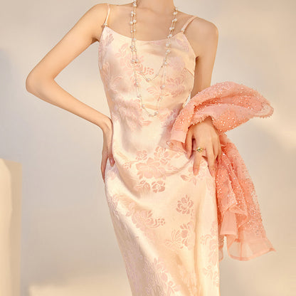 Elegant National Style Rayon Jacquard Embroidered Long Camisole Dress