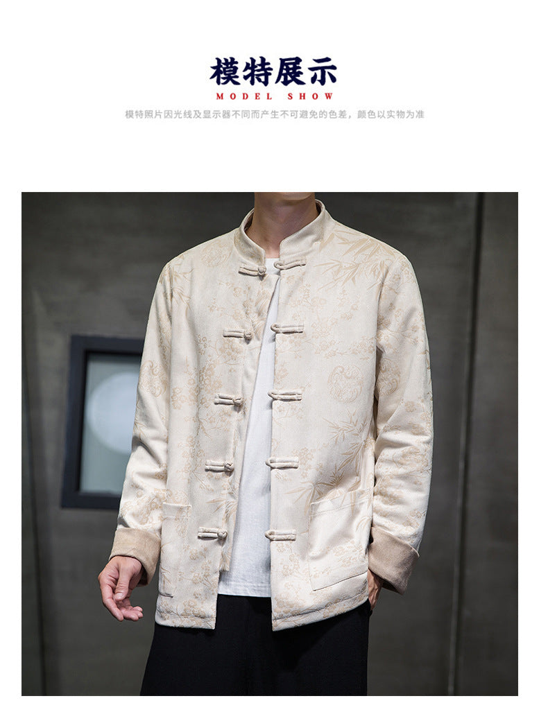 Chinese Style Mens Retro Tang Suit Button Printed Velvet Coat