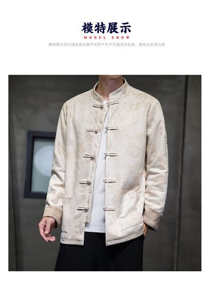 Chinese Style Mens Retro Tang Suit Button Printed Velvet Coat