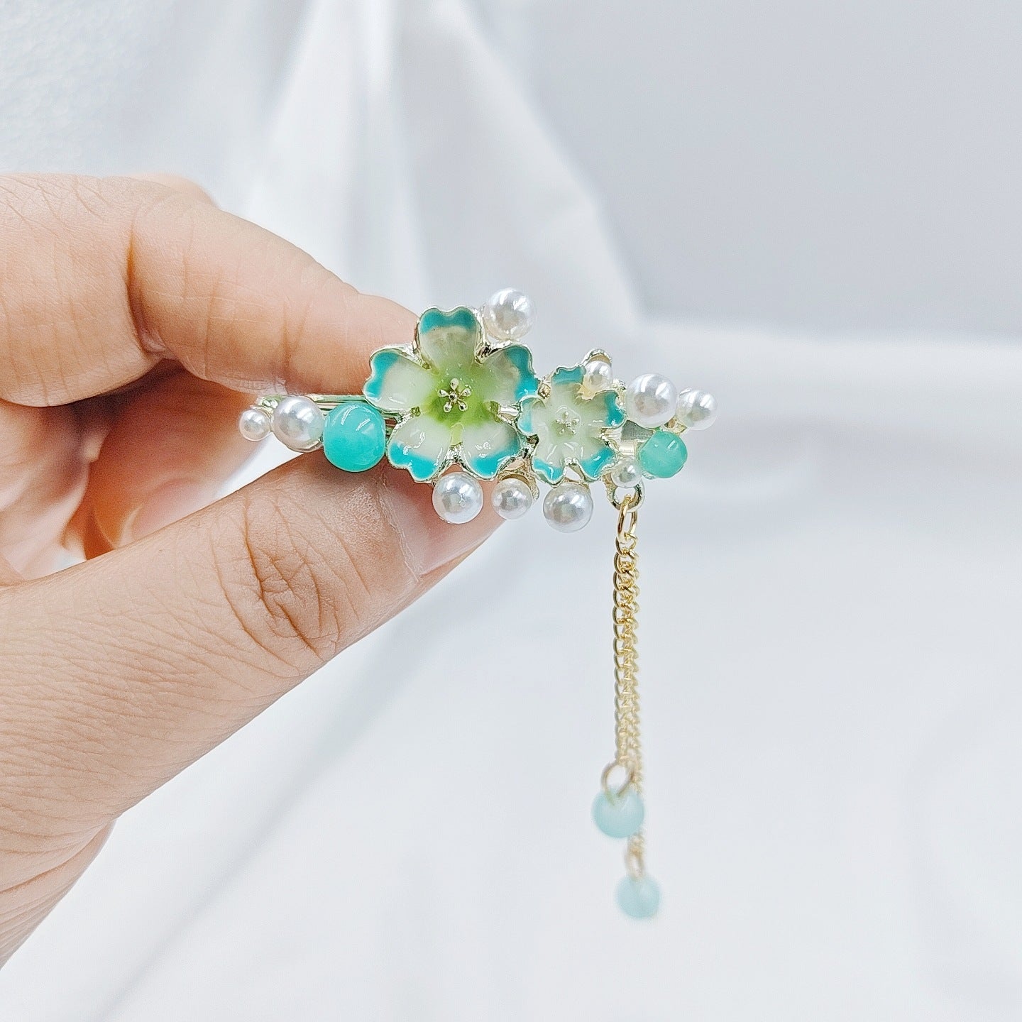 Blue Enamel Hair Clip Chinese Style Pearl Tassel Butterfly Hairpin