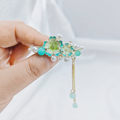 Blue Enamel Hair Clip Chinese Style Pearl Tassel Butterfly Hairpin