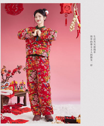Northeast Floral Winter Jacket Women Thick Ethnic Cotton Coat Set