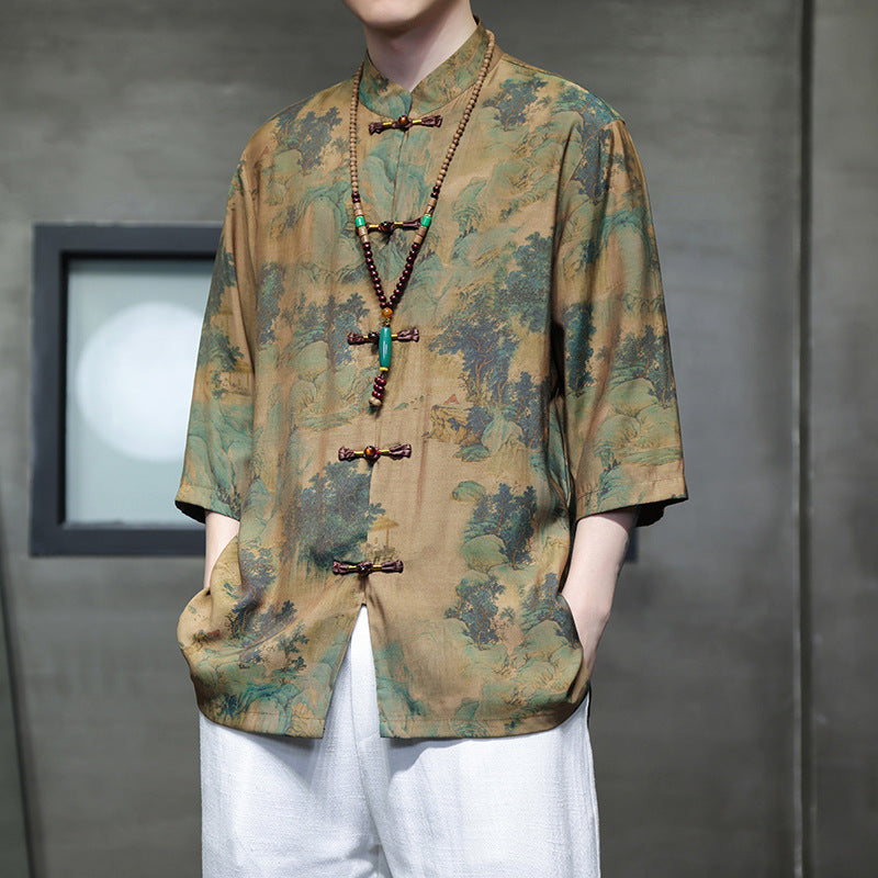 Mens Summer Chinese Tang Shirt Three Quarter Sleeve Fashion Trendy