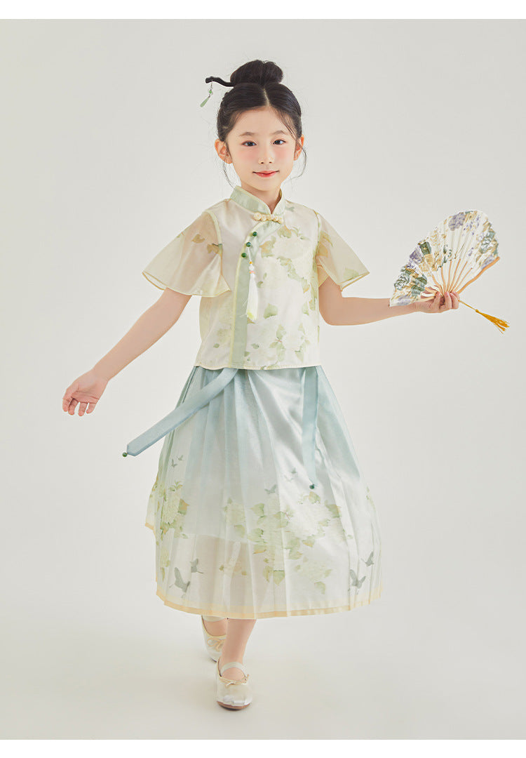 New Chinese Style Girls Outfit — Short Sleeve Shirt & Pleated Skirt