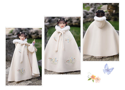 Girls' Winter Hanfu Cloak with Fur Collar Hooded Fairy Cape