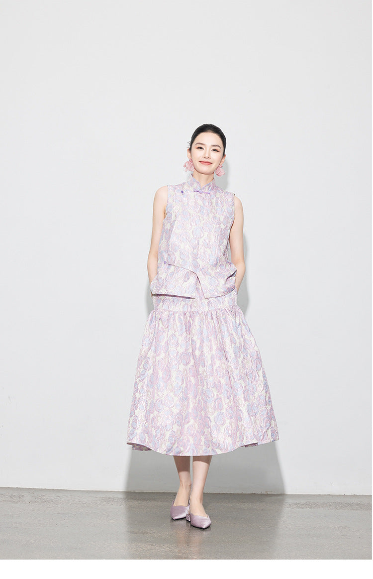 Brocade Jacquard Heavy Craft Puff Skirt & Vest Set for Autumn