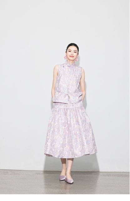 Brocade Jacquard Heavy Craft Puff Skirt & Vest Set for Autumn