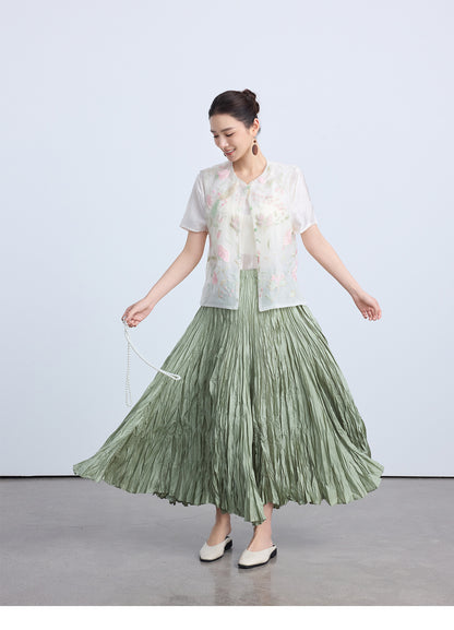 High-Waist Pleated Midi Skirt with Elastic Waist