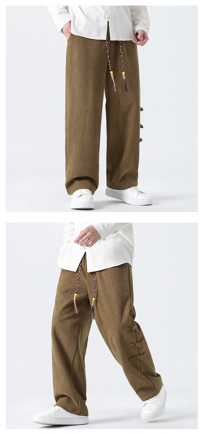 Chinese Style Mens Button Corduroy Pants Large Size Casual Sweatpants