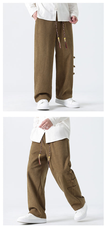 Chinese Style Mens Button Corduroy Pants Large Size Casual Sweatpants
