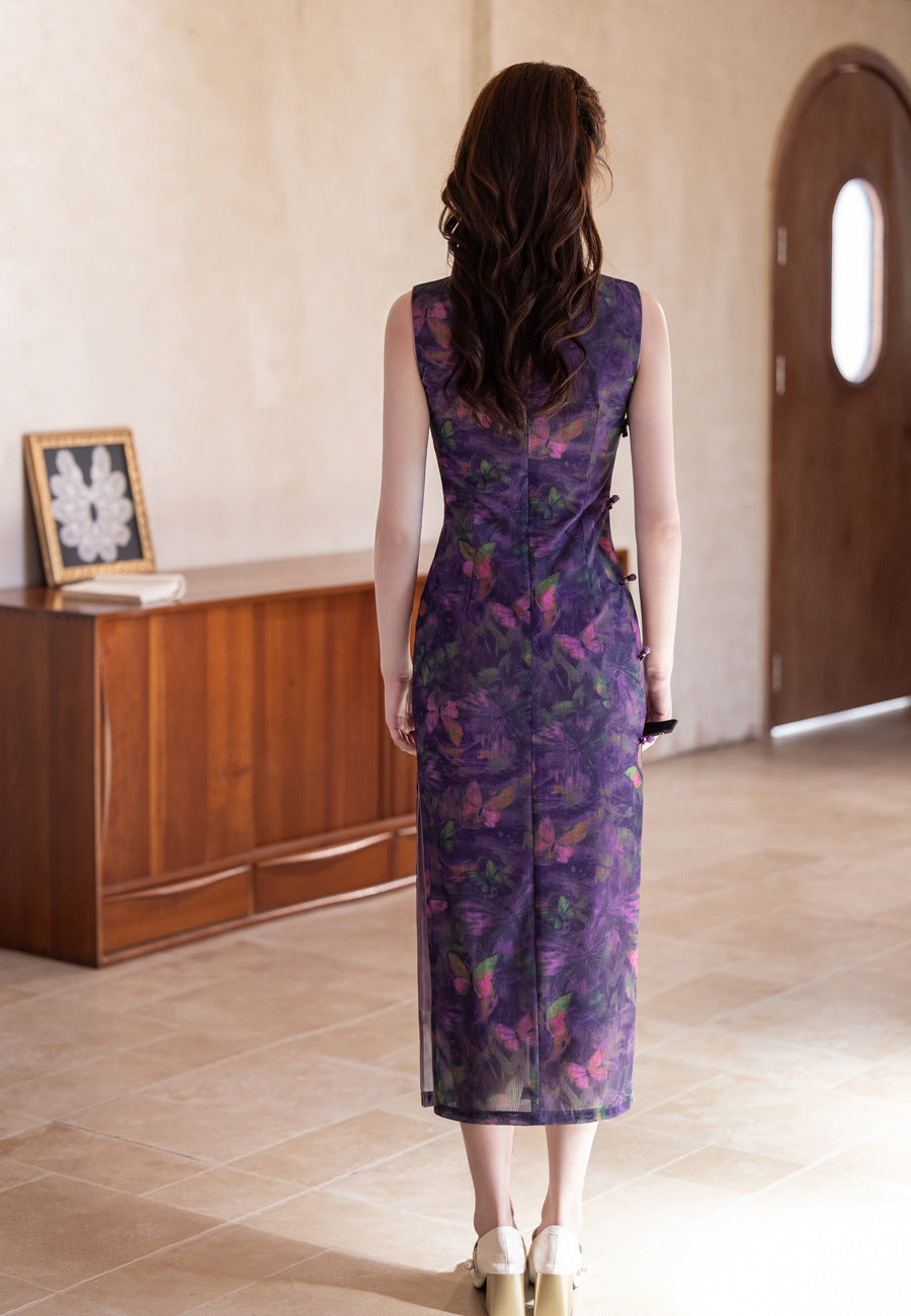 Purple Chinese Style Qipao – Butterfly Elegant Daily Dress