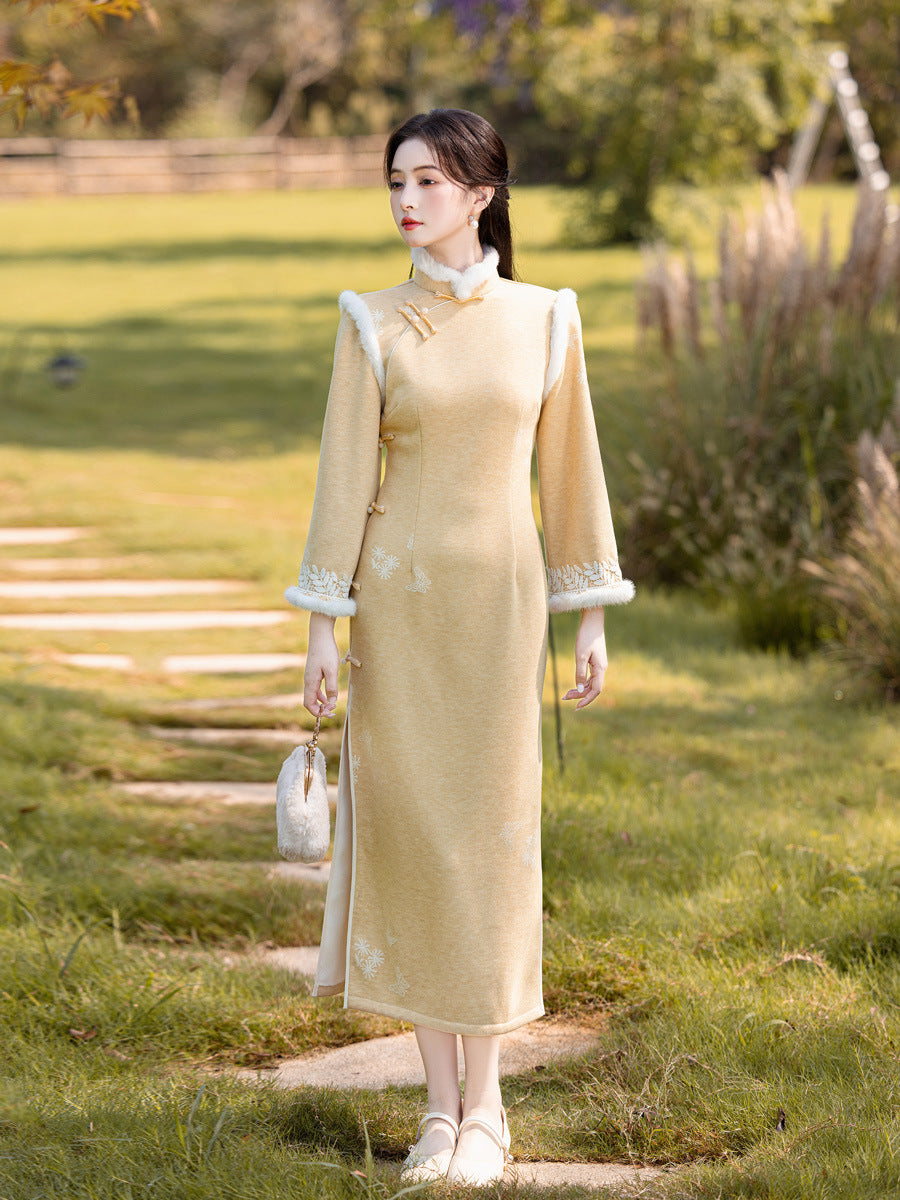 Long Sleeve Crystal Velvet Qipao | Winter Thickened Fleece Lined Dress