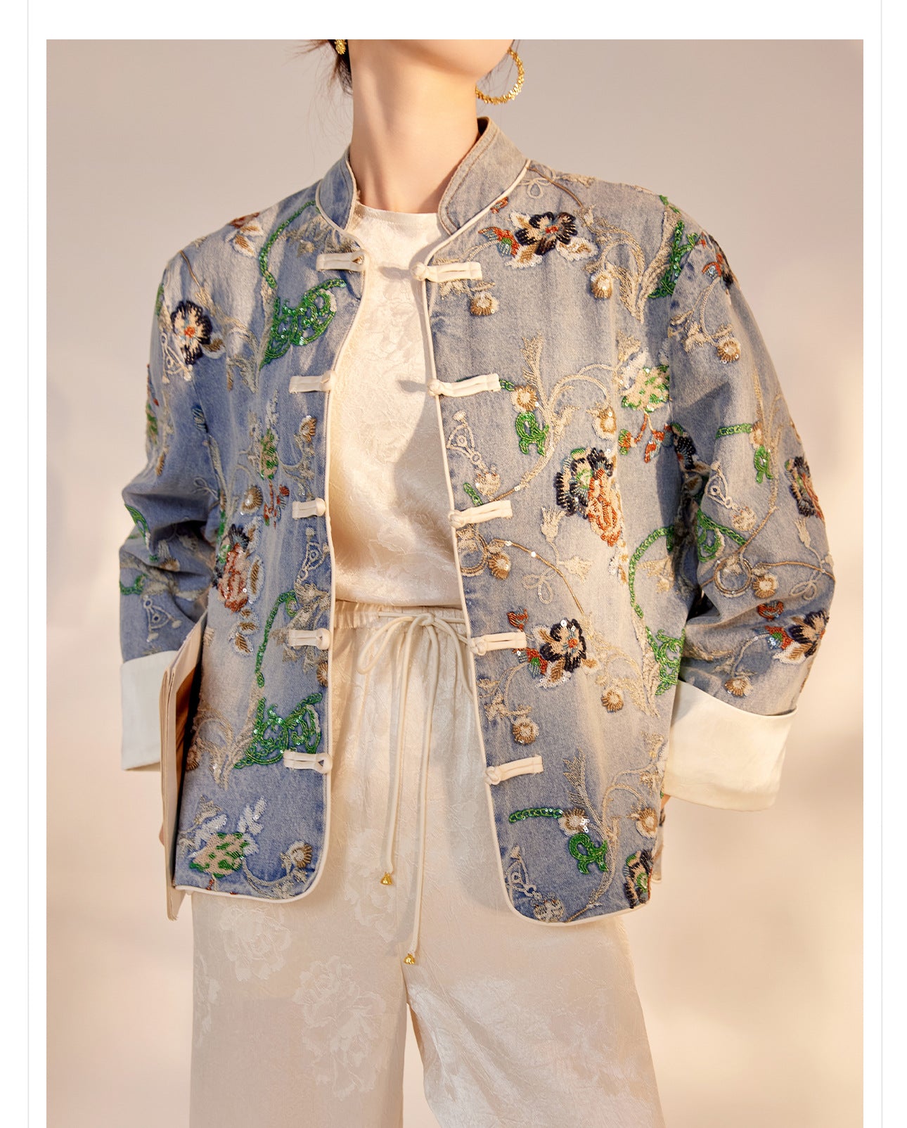 Blue Sequin Embroidered Denim Jacket High-End New Chinese Style