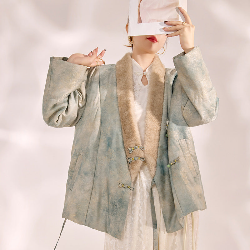 New Chinese Style Feather Collar Embroidered Cotton Jacket for Women