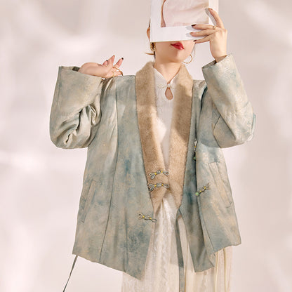 New Chinese Style Feather Collar Embroidered Cotton Jacket for Women