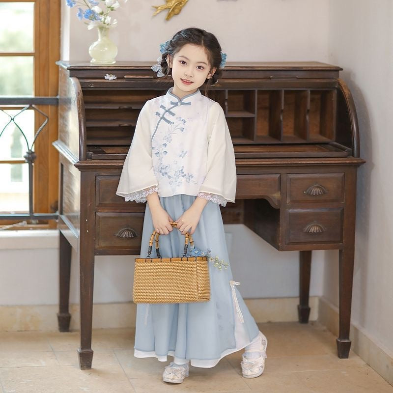 Girls’ Spring Autumn Hanfu | New Chinese Style Tang Suit Long Sleeve Set