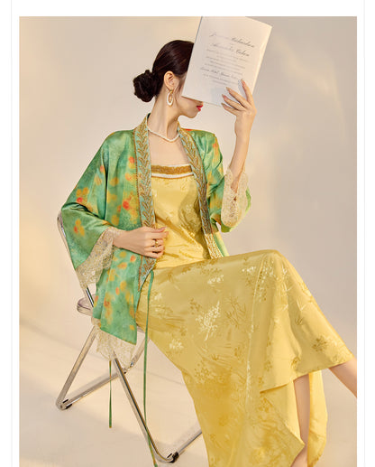 Elegant New Chinese Embroidered Jacquard Cardigan & Strap Dress Set