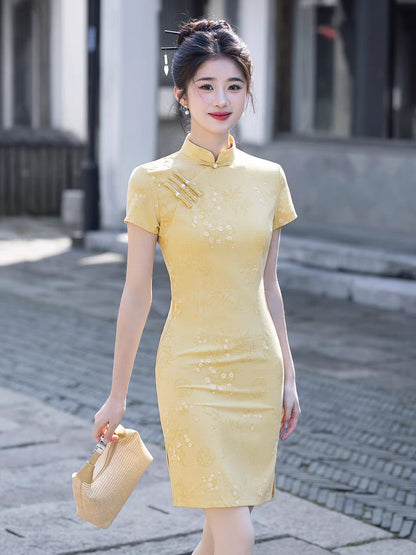 Yellow Cheongsam 2025 – Summer Slim Fit Elegant Daily Dress