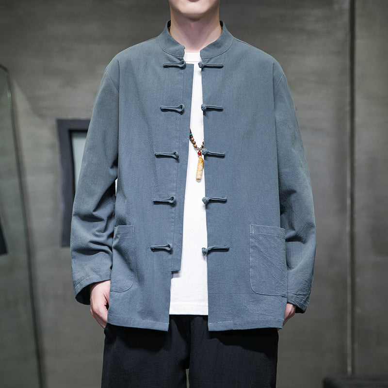 Mens Autumn Chinese Style Hanfu Tang Suit Button Up Cotton Linen Top