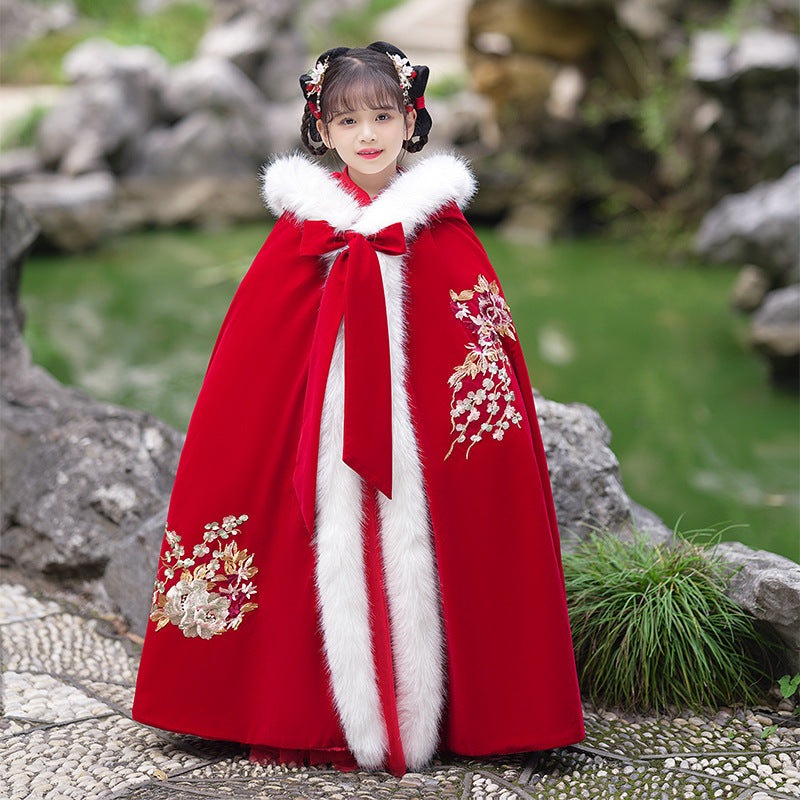 Girls' Winter Hanfu Cloak with Fur Collar Hooded Fairy Cape