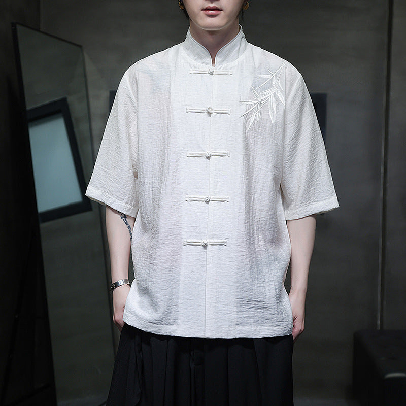 Mens Summer Chinese Embroidered Tang Shirt Hanfu Jushi Suit
