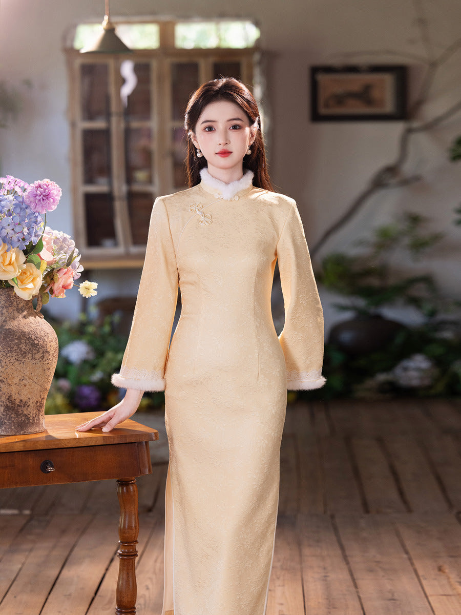 Yellow Fleece-Lined Winter Qipao | Thickened Long-Sleeve Retro Dress 2025