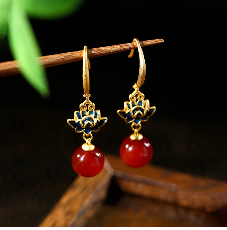Lotus Chalcedony Earrings | New Chinese Style Hanfu Cheongsam Good Luck Accessory