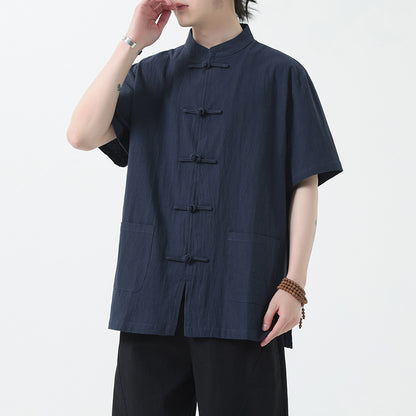 Chinese Style Mens Cotton Linen Shirt Half Sleeve Button Up Casual Top