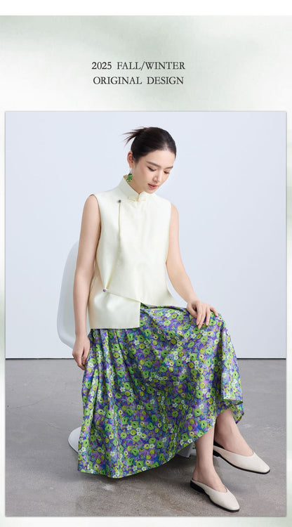 High-End Green Floral Midi Skirt with Elastic Waist